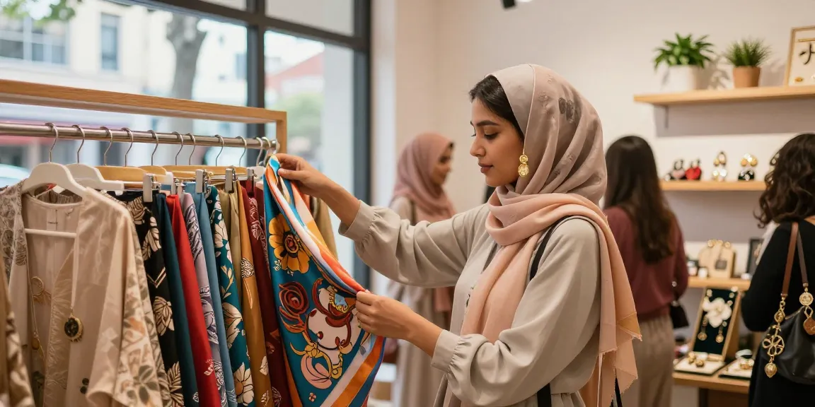 Fashionably browsing in a vibrant hijab shop with colorful fabrics and accessories