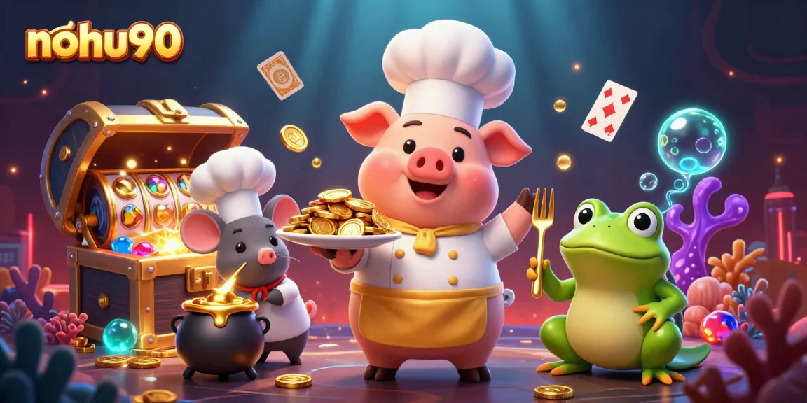 Nohu90 reveals a playful casino scene with gold coins, slot elements, and vibrant characters.