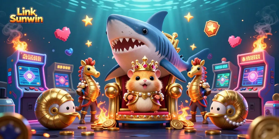 Engage with Link Sunwin through a vibrant casino-themed 3D illustration featuring a golden hamster king and gaming elements.