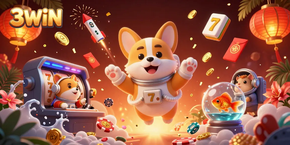 Experience thrilling gaming at 3WIN with a playful astronaut corgi and vibrant casino elements.