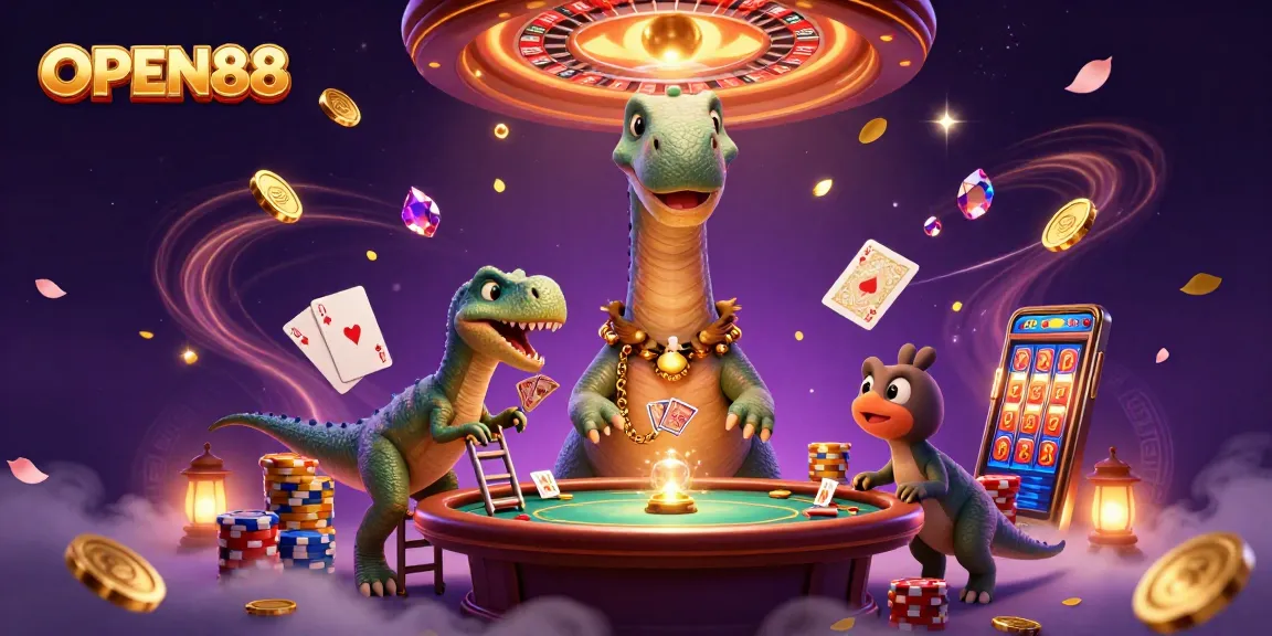 Engage in thrilling casino action with OPEN88 as a towering brontosaurus oversees a lively card game.