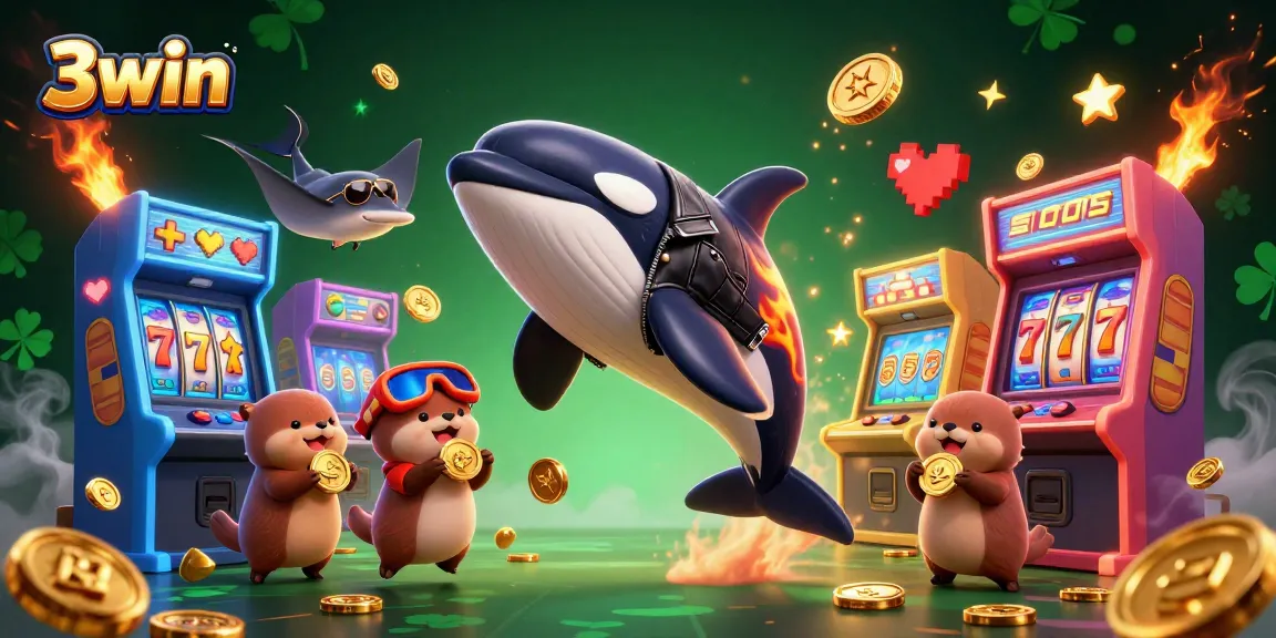 Experience thrilling wins at 3win with interactive slot games and cartoon characters in a vibrant casino environment.