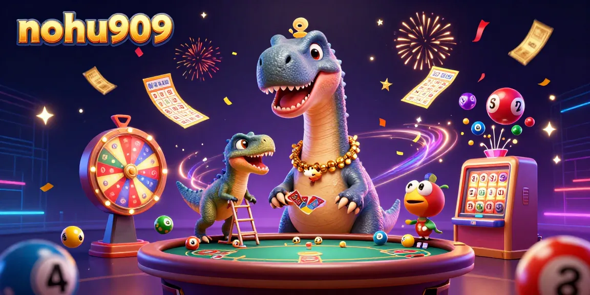 Noh909 thrills players with a vibrant 3D casino scene of a dinosaur and raptor engaging in gambling.
