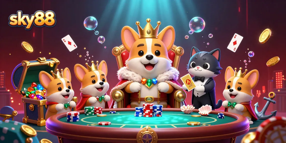 Experience sky88's vibrant poker scene with a royal corgi and cat butler amidst dynamic gaming elements.