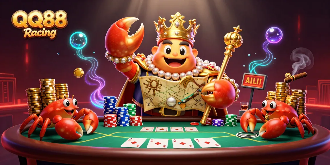 Experience thrilling QQ88 Racing action with a golden crab emperor and vibrant casino elements in this vibrant illustration.