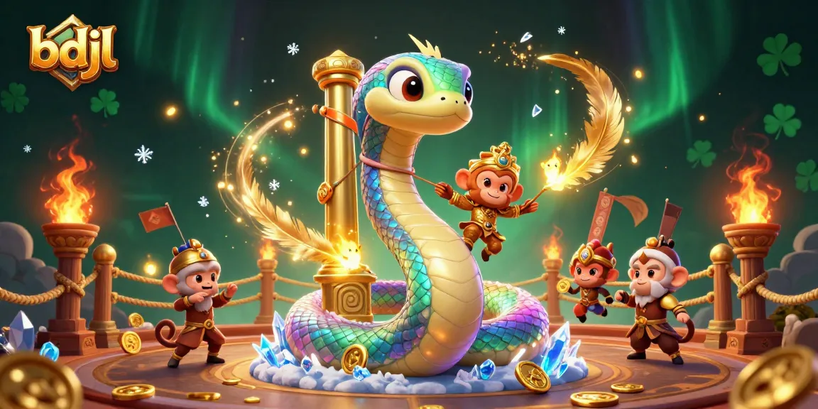Experience vibrant gameplay at bdjl with a rainbow serpent and monkey king in a dynamic casino scene.