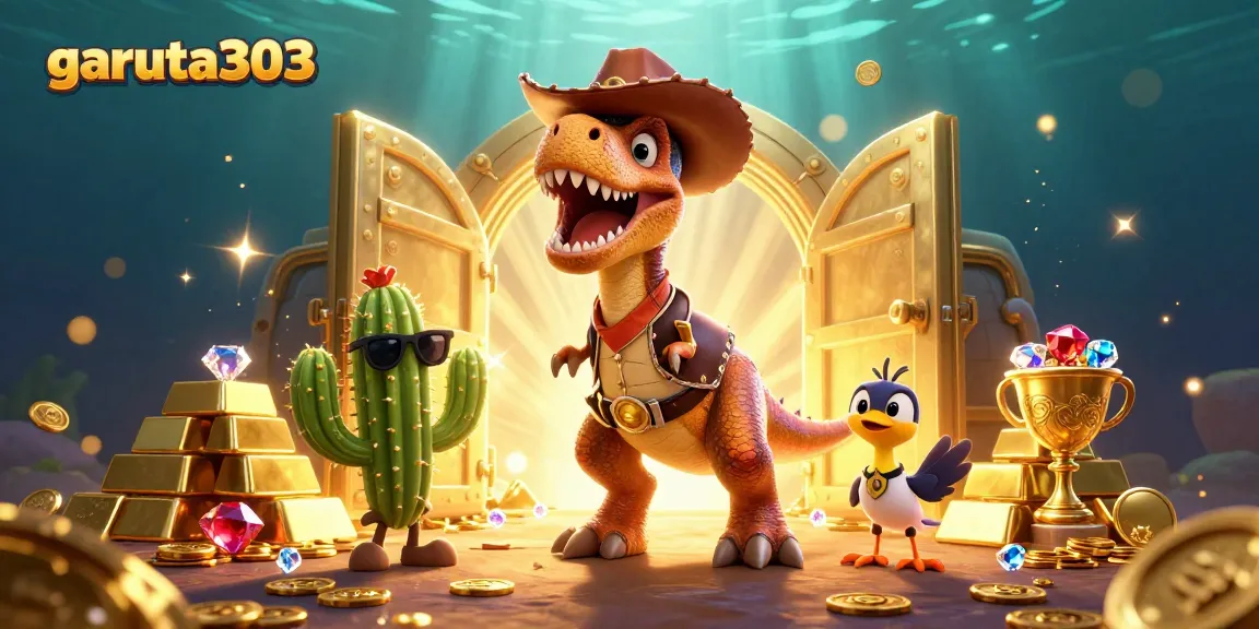 Experience epic adventures with garuda303 featuring a T-Rex cowboy and treasure in a dynamic casino scene.