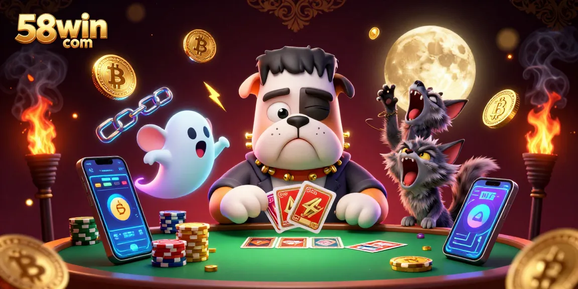 Engage with exciting casino action at 58win com, showing a lively scene with unique gaming characters and crypto elements.