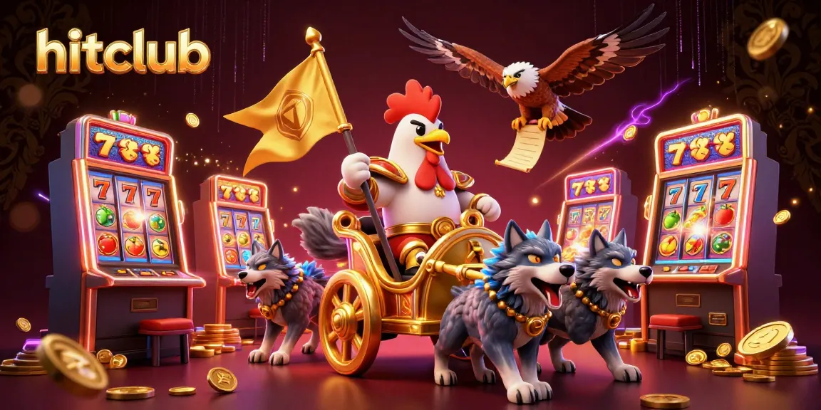 Hitclub's vibrant slot adventure showcases a rooster warlord with casino elements and glowing neon accents.