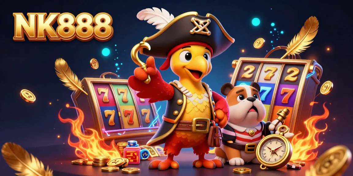 Experience thrilling wins with NK888 in this dynamic pirate-themed gambling scene, featuring vibrant slot elements.