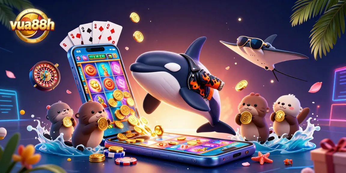 Experience immersive gaming at vua88h with vibrant characters and colorful slots in a 3D illustration.