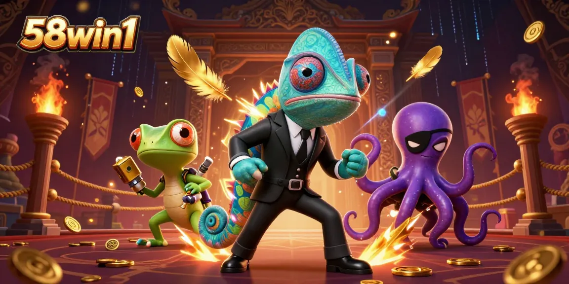 Engage with 58win1 in a vibrant 3D illustration of an online casino scene featuring vivid characters and dynamic elements.