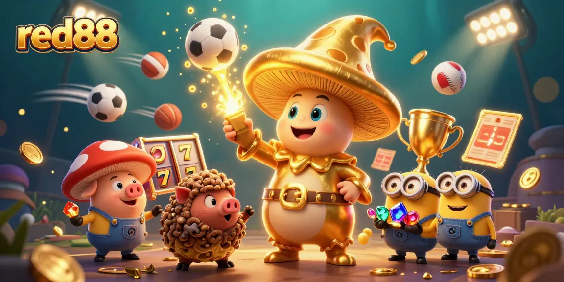 Experience gaming magic with red88 as a golden mushroom wizard casts treasures in this vibrant scene.