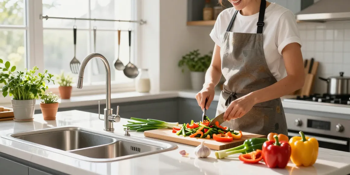 Bright kitchen scene with a kitchen sink in stainless steel and fresh vegetables being prepared.