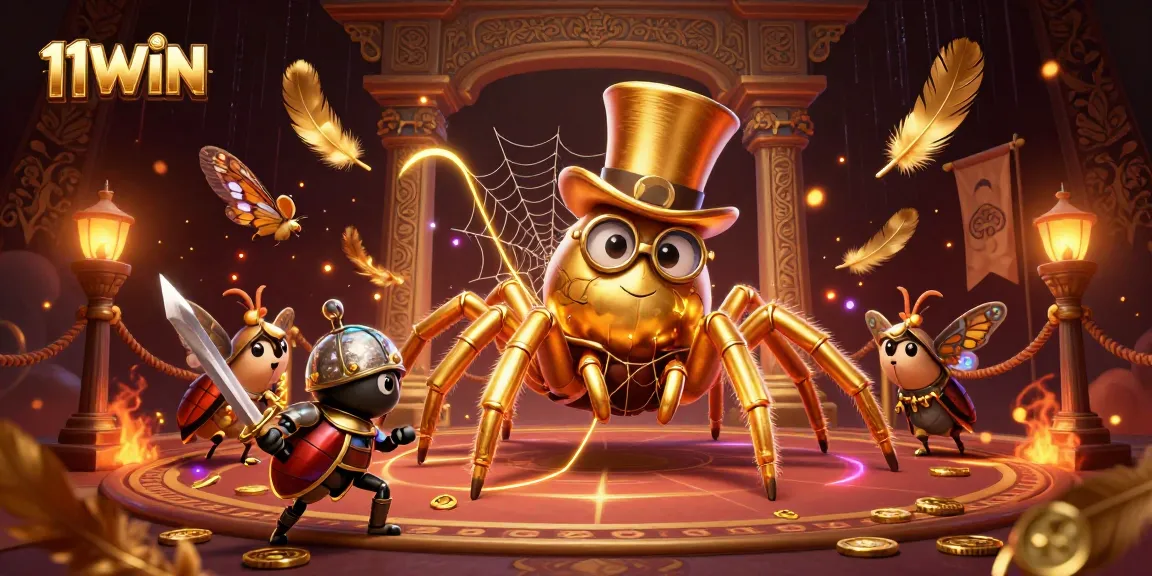 Experience thrilling gameplay with 11WIN as a golden tarantula weaves a web of rewards in a vibrant casino scene.