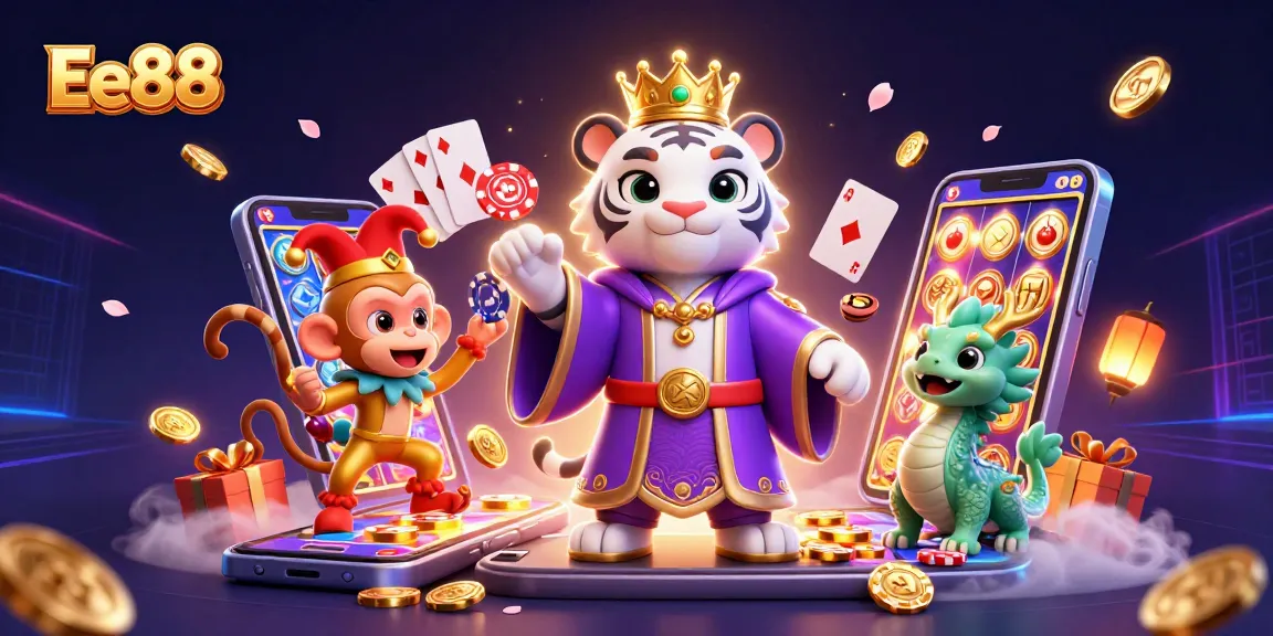 Engage with Ee88's thrilling gambling atmosphere in a vibrant 3D illustration featuring a playful scene of characters amidst casino elements.