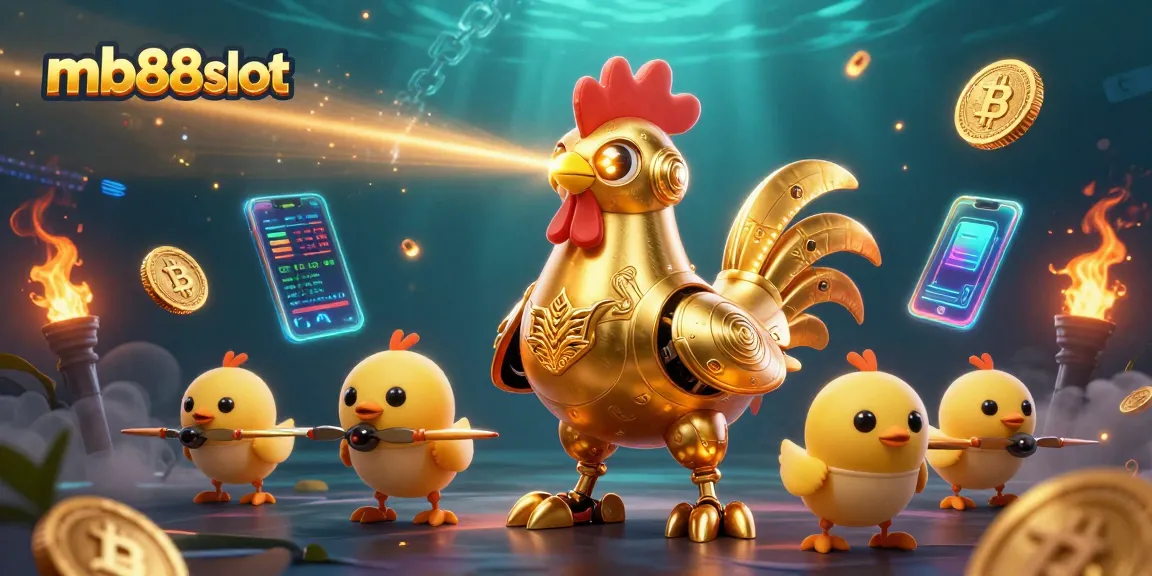 Engage with mb88slot's thrilling gaming experience featuring a golden rooster robot and crypto elements.