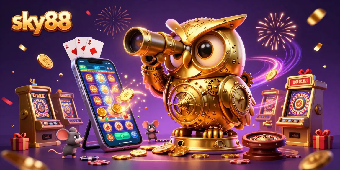 sky88 showcases a magical casino scene with a golden owl scanning slot games and festive energies.