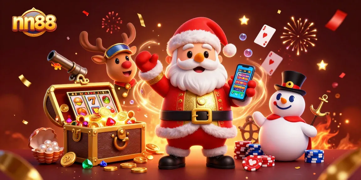 Experience excitement at nn88 with Santa and friends surrounded by jackpots and vibrant casino elements