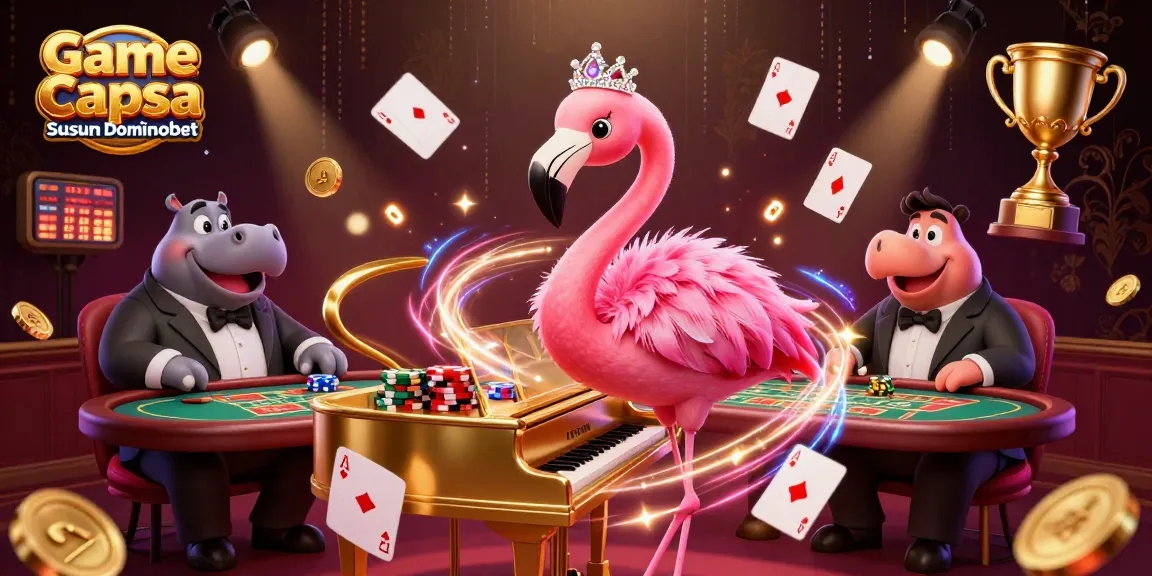 Experience the vibrant Game Capsa Susun Online Pc Dominobet with a lively 3D scene of characters and gaming elements.