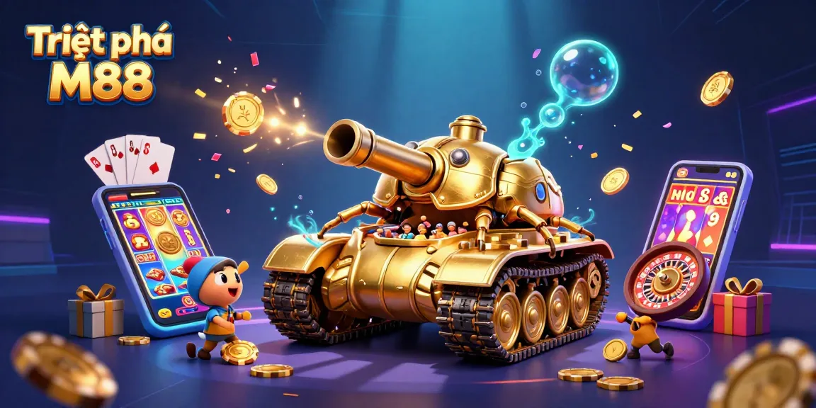 Experience the excitement of Triệt phá M88 with vibrant casino-themed 3D digital art.