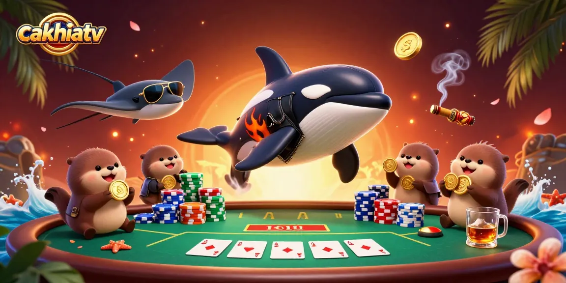 Cakhiatv showcases a vibrant 3D scene of an orca in a biker jacket, surrounded by poker elements, embodying thrilling casino action.