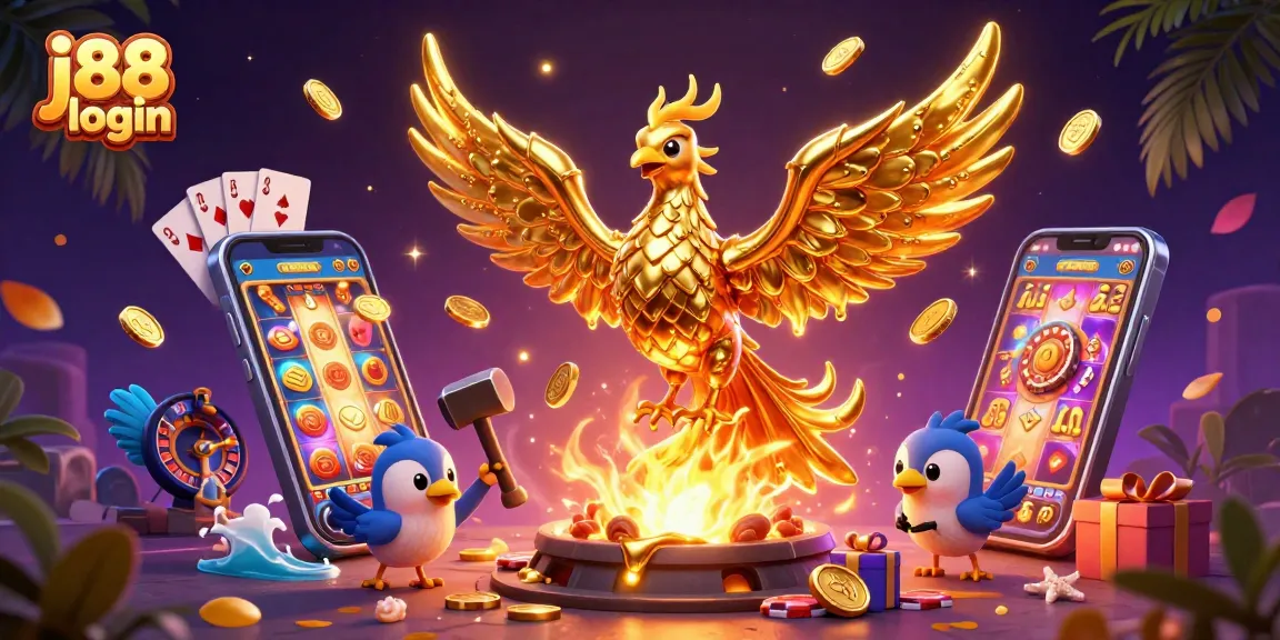 Experience the j88 login adventure with a vibrant casino scene featuring a golden phoenix and dynamic gameplay elements.