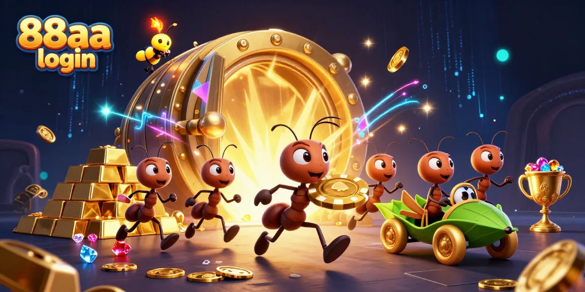 Engage in the thrilling 88aa login experience with cute 3D ants carrying a giant poker chip.