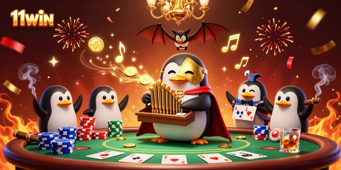 Engage with lively gaming fun at 11WIN featuring a whimsical penguin in a golden masked opera setting.