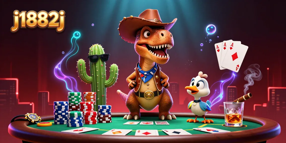 Experience thrilling action with j1882j as cartoon dinosaur and friends engage in poker and casino games.
