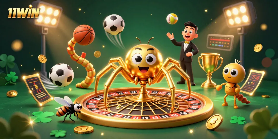 Engage in thrilling bets at 11WIN's dynamic casino with a golden spider and centipede croupier.
