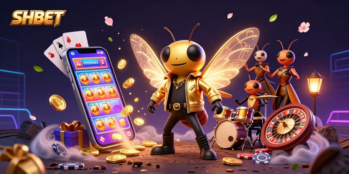Experience the thrill of SHBET with a vibrant casino scene featuring animated characters and game elements.