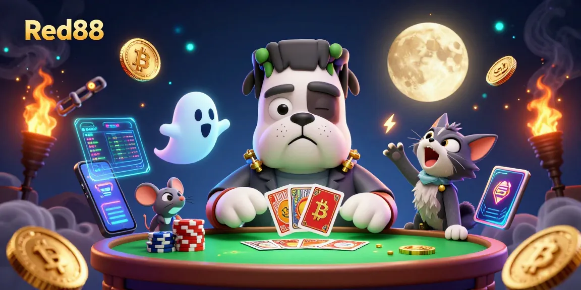 Engage with Red88 at the thrilling casino table, featuring a Frankenstein bulldog and a ghost mouse amidst a vibrant gaming scene.