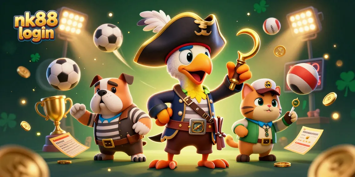 Engage in exciting betting with nk88 login, featuring a lively pirate scene filled with sports action.