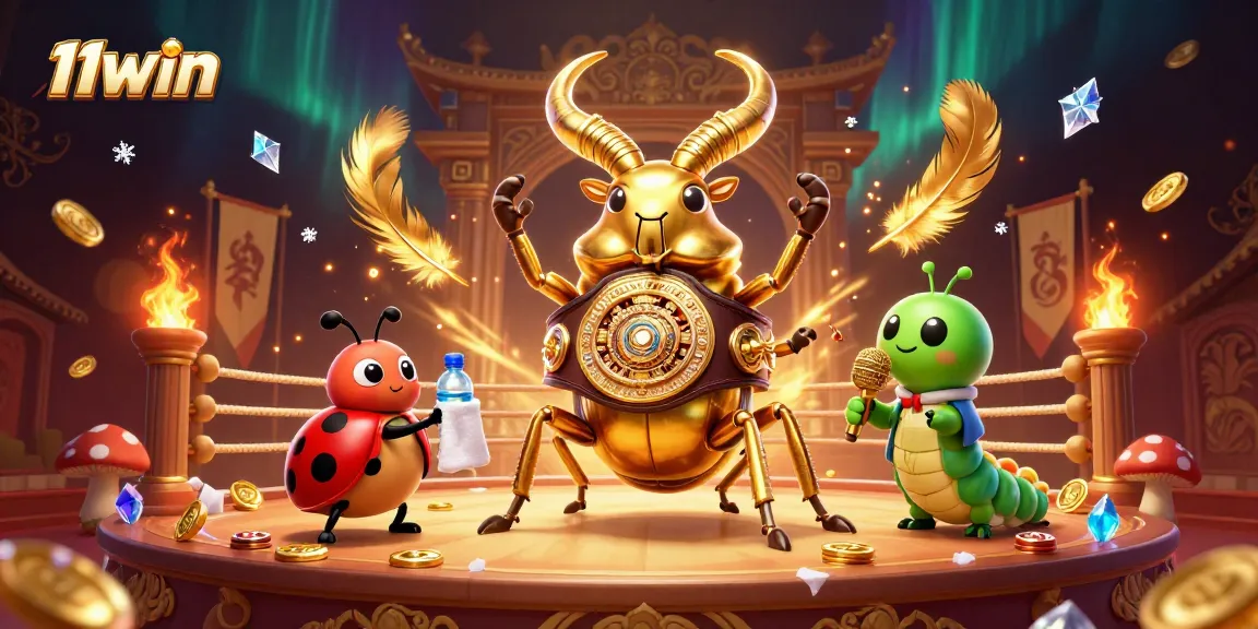 11WIN showcases an epic showdown with a golden beetle in a boxing ring amid swirling casino elements.