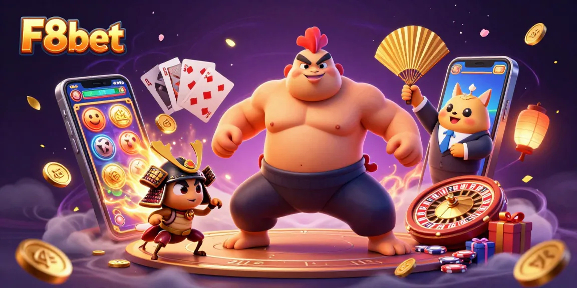 F8bet showcases a dynamic scene with a powerful sumo rooster, samurai cricket, and tanuki in a vibrant casino setting, celebrating a winning slot game.