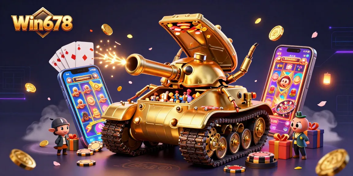 Win678 engaging players with a dynamic 3D casino illustration featuring golden elements and vibrant gaming symbols.