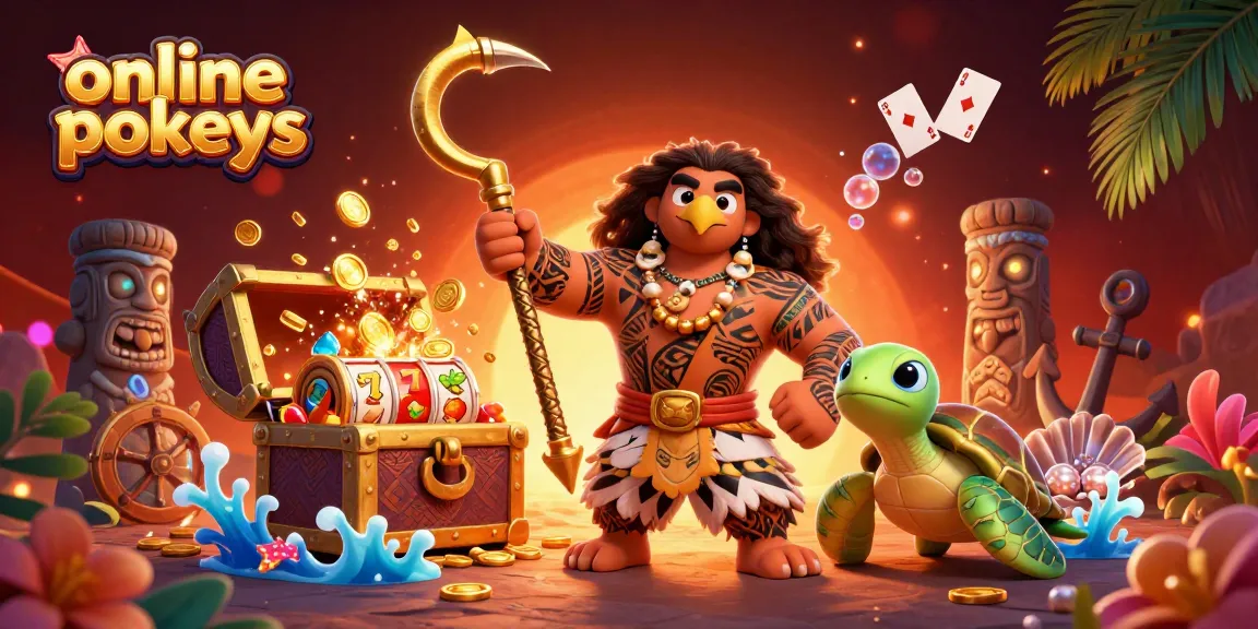Engage with online pokies in a vibrant 3D scene featuring dynamic Polynesian characters and slot visuals.