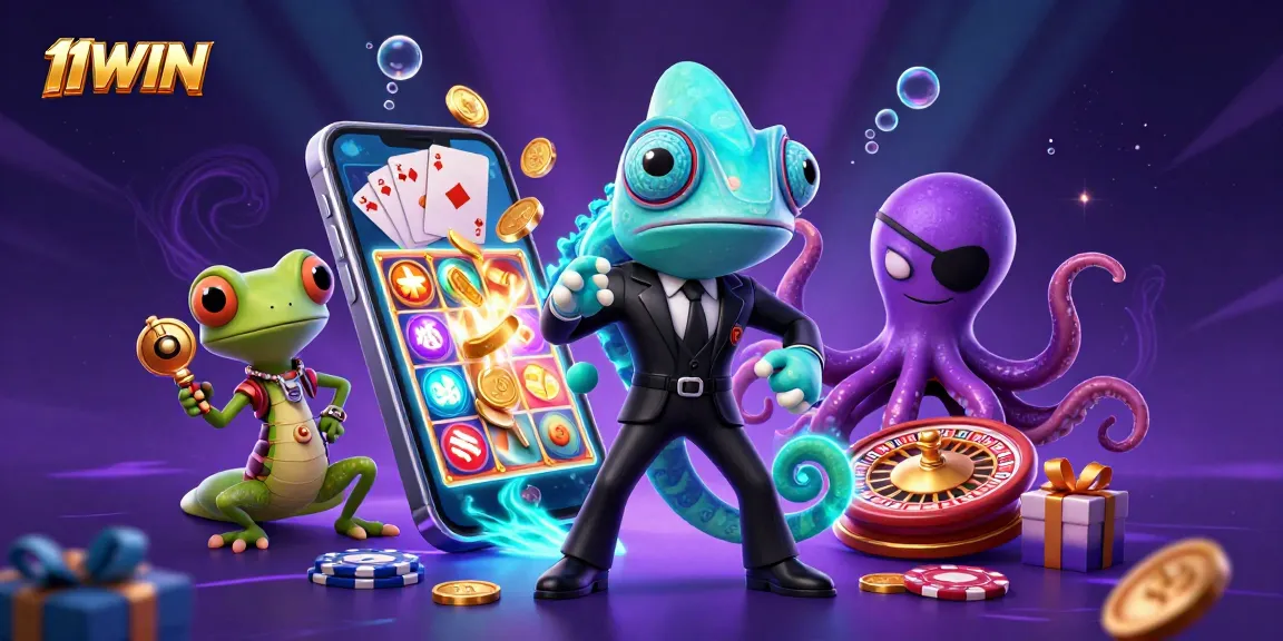Experience thrilling gaming with 11WIN's dynamic casino scene featuring a secret agent chameleon and colorful gaming elements.