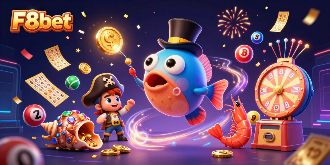 Engage in thrilling F8bet adventures as a cartoon anglerfish, shrimp, and snail immerse in a vibrant casino atmosphere.