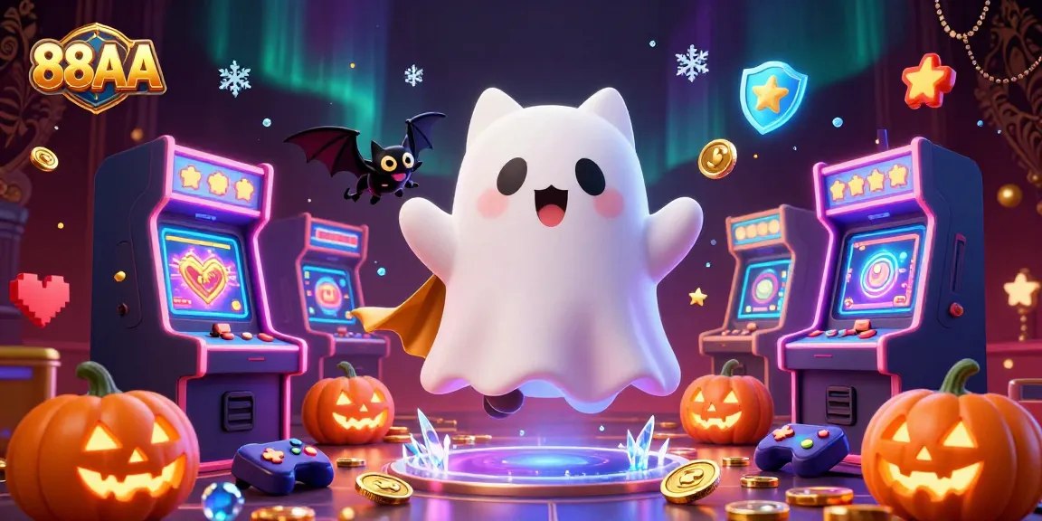 Experience thrilling gameplay at 88AA with a friendly ghost cat and bat companion amidst colorful casino elements.