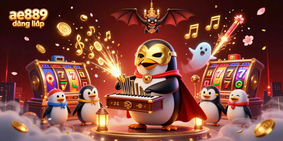 Experience the excitement of ae889 đăng nhập with a rich 3D casino scene featuring golden musical notes and vibrant slot elements.