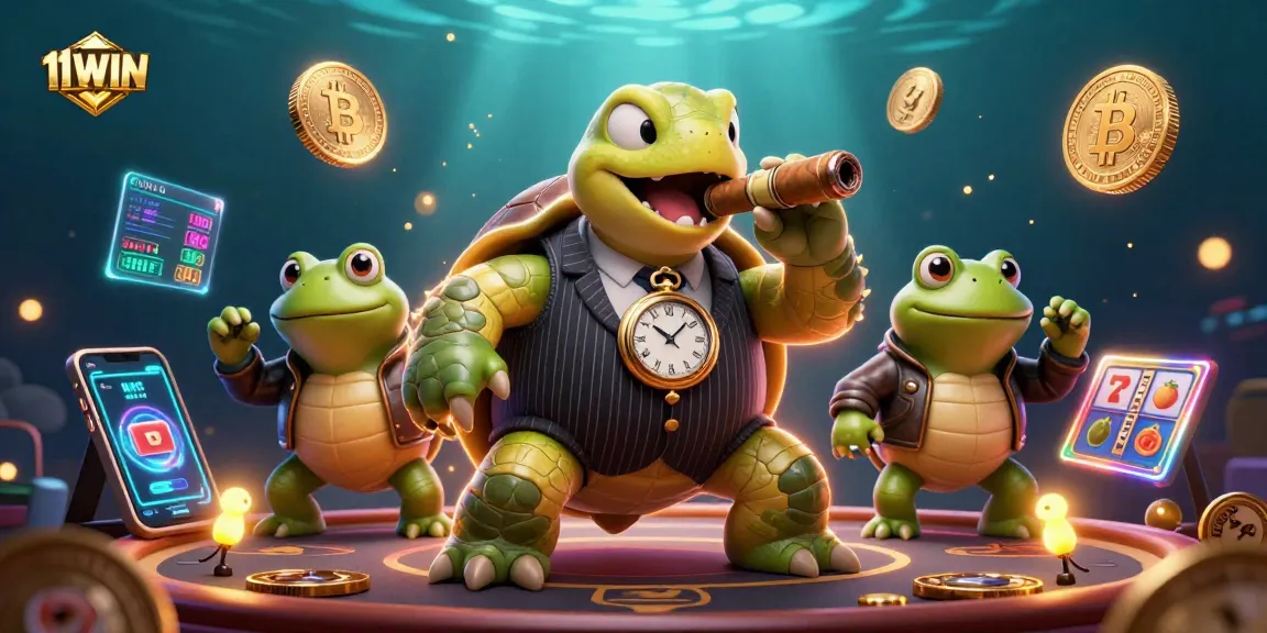 Engage with 11WIN's exciting atmosphere featuring a bold snapping turtle, dazzling coins, and animated slot reels.