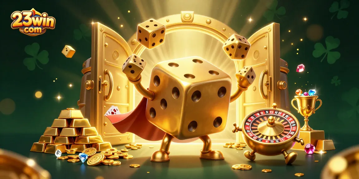 Engage with stunning visuals of 23win com featuring a golden dice golem and treasures.
