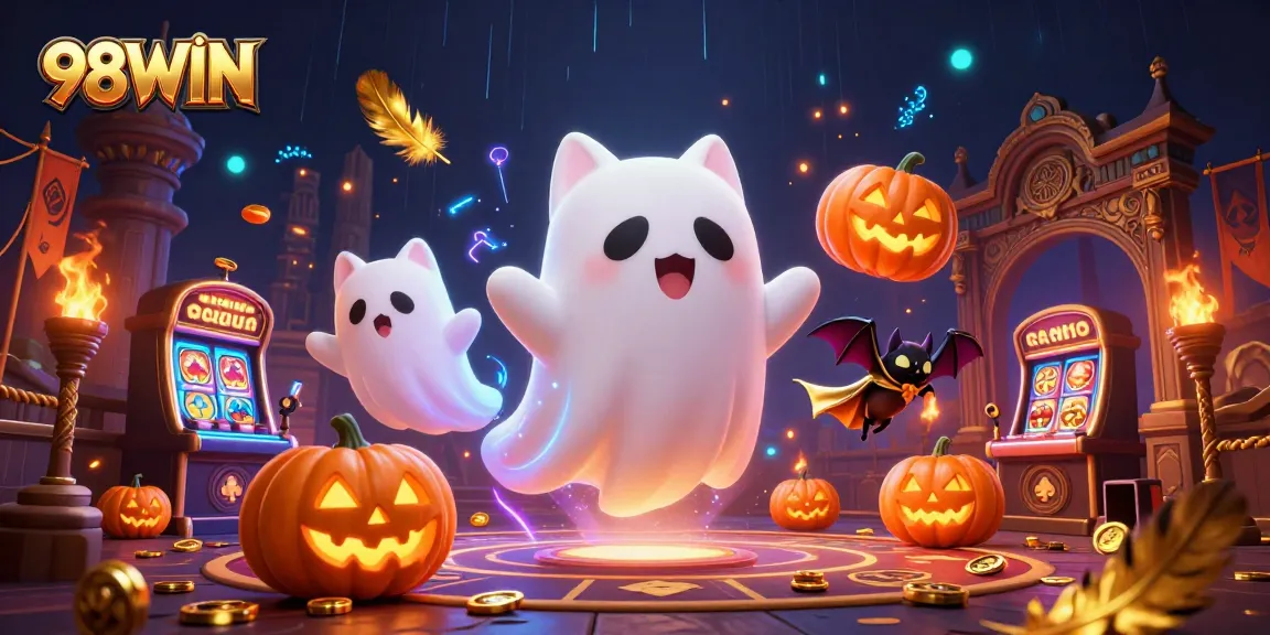 Experience thrilling gameplay at 98WIN with ghostly characters and vibrant casino elements.