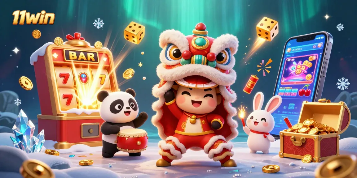 Experience excitement at 11WIN with a vibrant casino scene featuring a lion dance and jackpot elements.