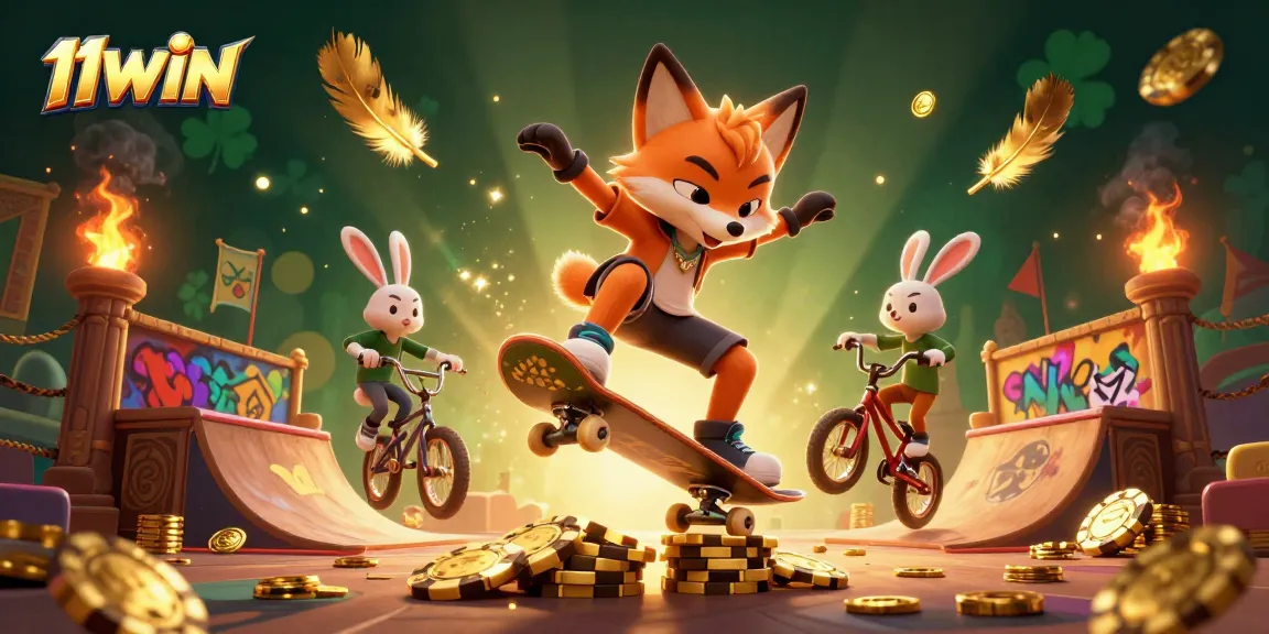 11WIN skateboarder fox performs tricks over golden poker chips in a vibrant casino scene.