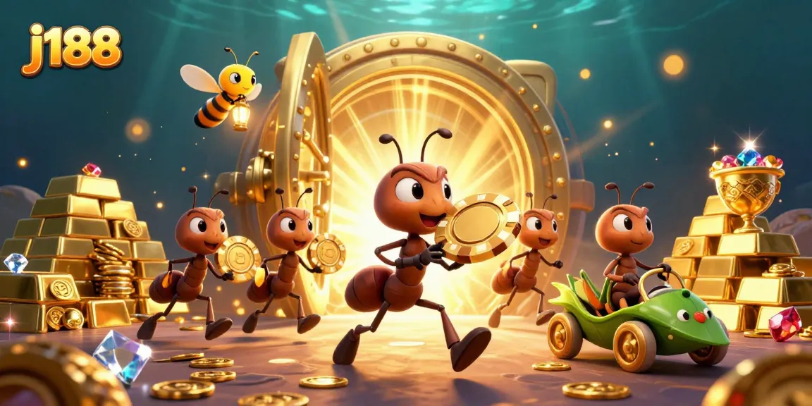 j188 team of ants executing a thrilling heist with golden poker chips and treasure in a vibrant 3D scene