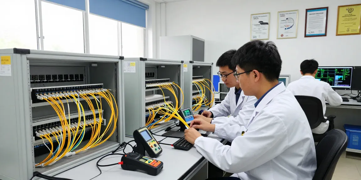 Engineers collaborating on fiber optic networking with LC connectors in a modern lab.