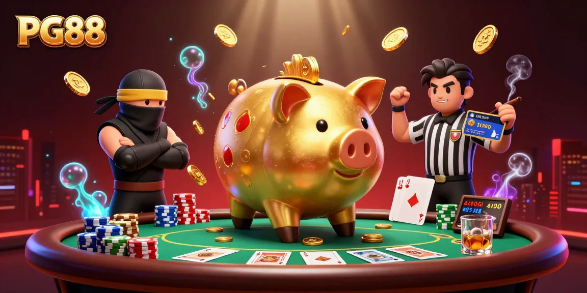 Engage with PG88's dynamic gaming scene featuring a sumo wrestler piggy bank and a ninja!